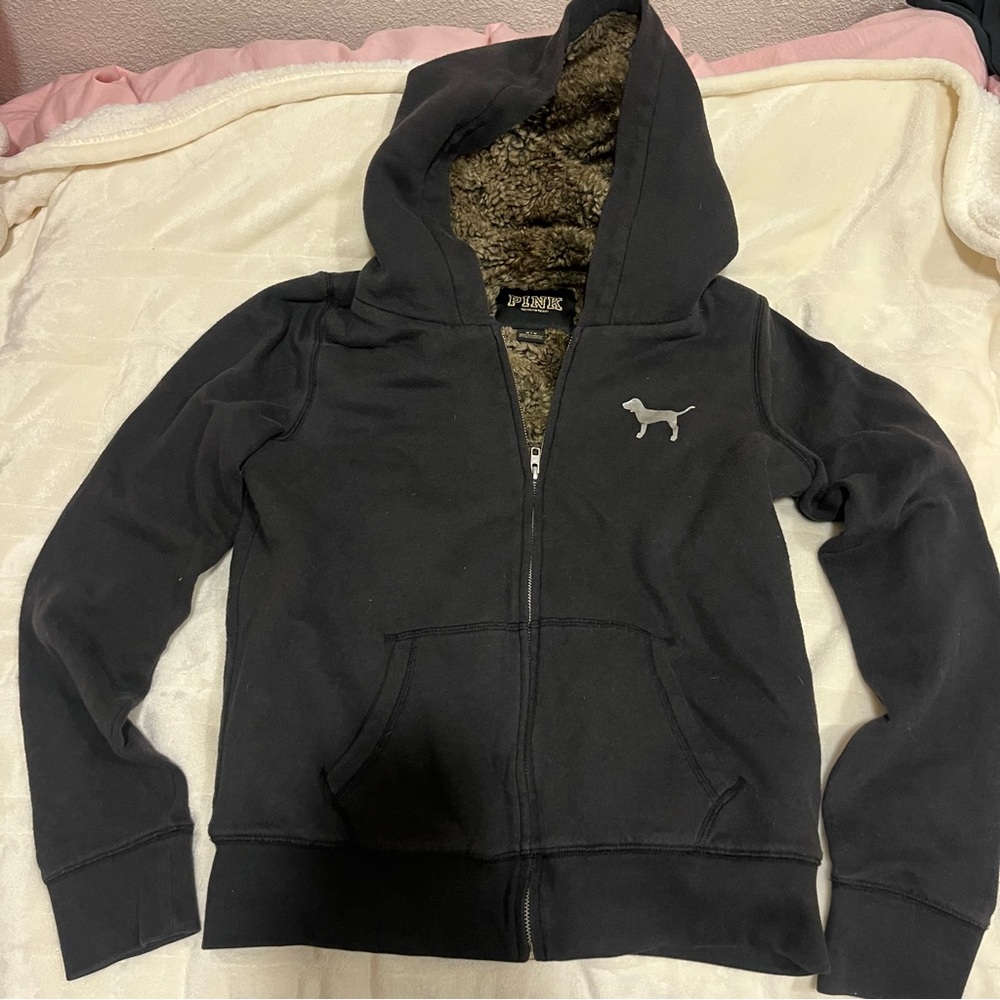 2010s VS PINK Black fur lined zip up with sequin back